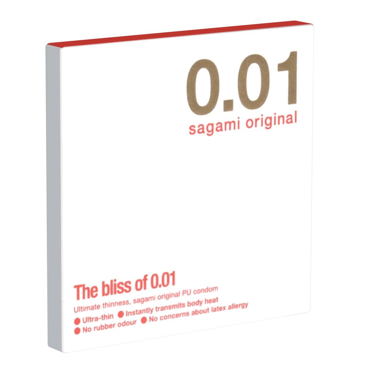 Emballage de préservatifs Sagami Original 0.01. Affiche '0.01' et 'sagami original'.