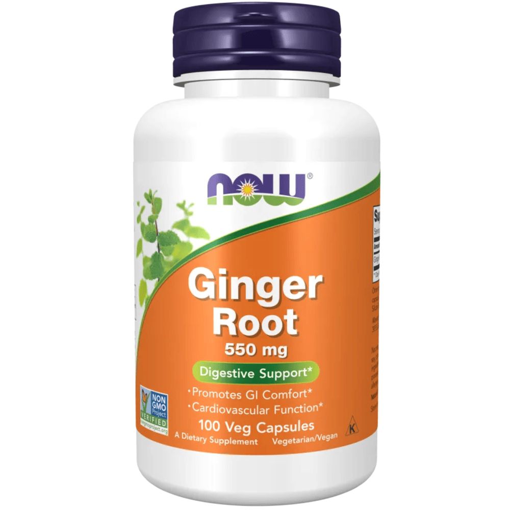 Witte fles met blauwe dop. Opschrift: Ginger Root, 550 mg, Digestive Support. 100 Veg Capsules. Vegetarisch/Vegan.