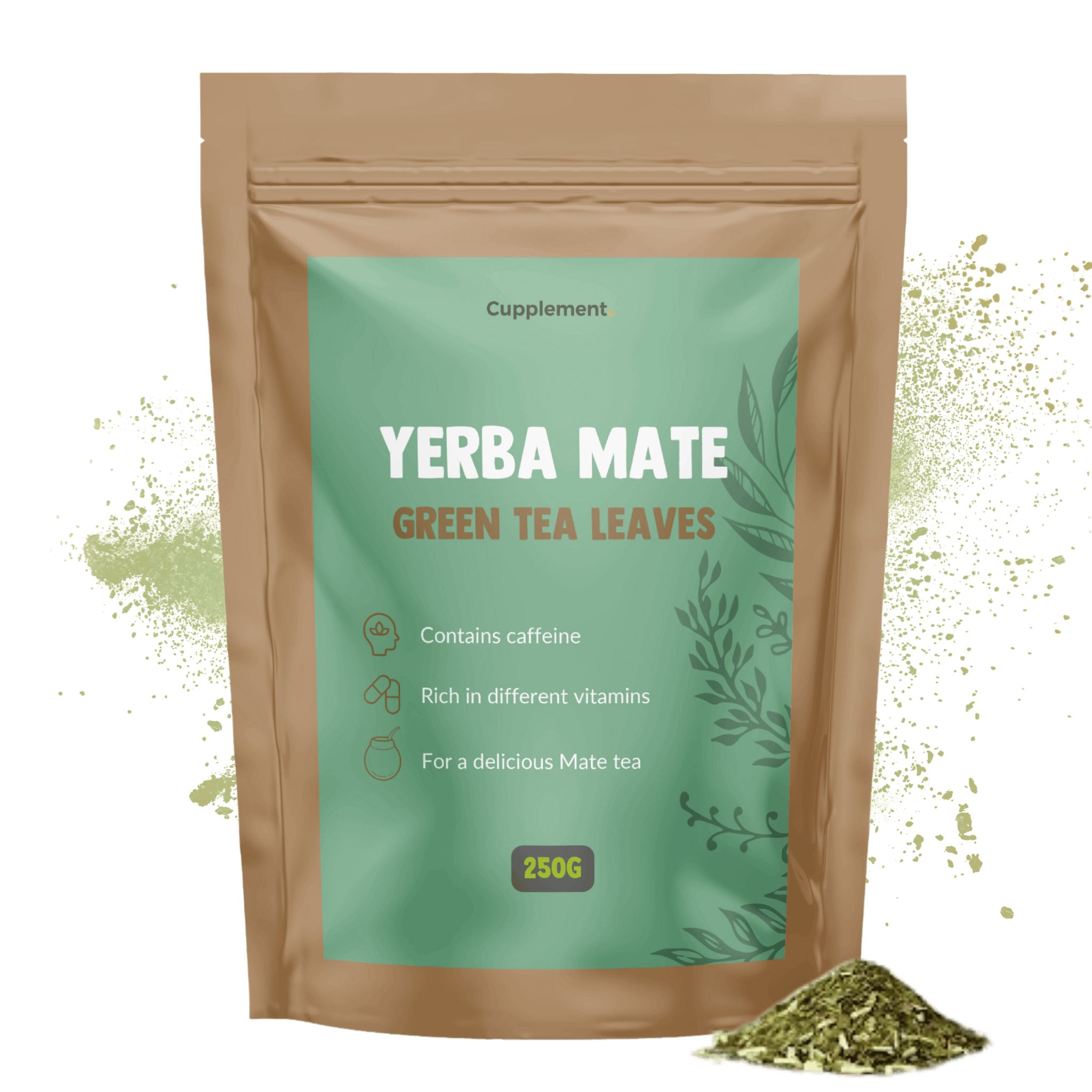 Zakje Yerba Mate thee. Opschrift: Yerba Mate, Green Tea Leaves. 250g. Bevat cafeïne, rijk aan vitaminen.