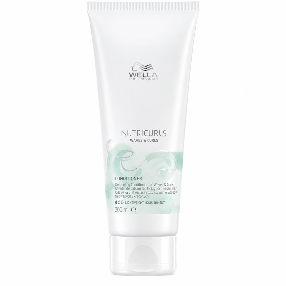 Tube d'après-shampoing Wella Nutricurls pour cheveux bouclés. Blanc avec des accents turquoise.
