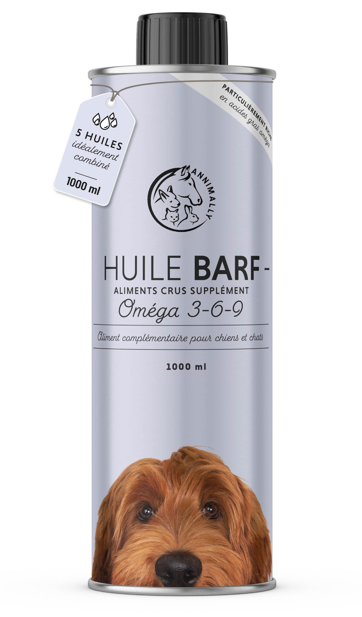 Boîte cylindrique avec impression du produit. Contient Huile BARF Omega 3-6-9. 1000 ml. Image de chien. 5 huiles. Étiquette.