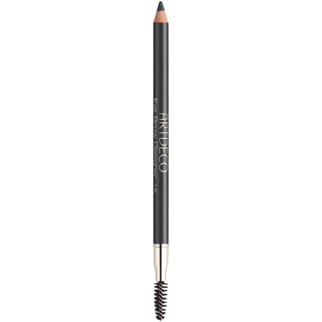 Artdeco Eye Brow Designer. Zwart wenkbrauwpotlood met borstel. Zilveren metalen huls. Productnaam en kleurnummer gedrukt.