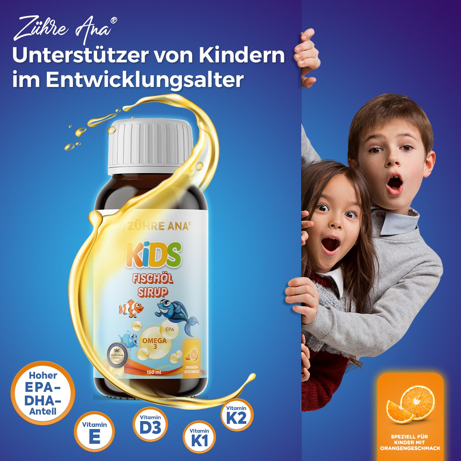 Zühre Ana Kids Fischöl Sirup fles met oliespatten en nieuwsgierig kijkende kinderen.