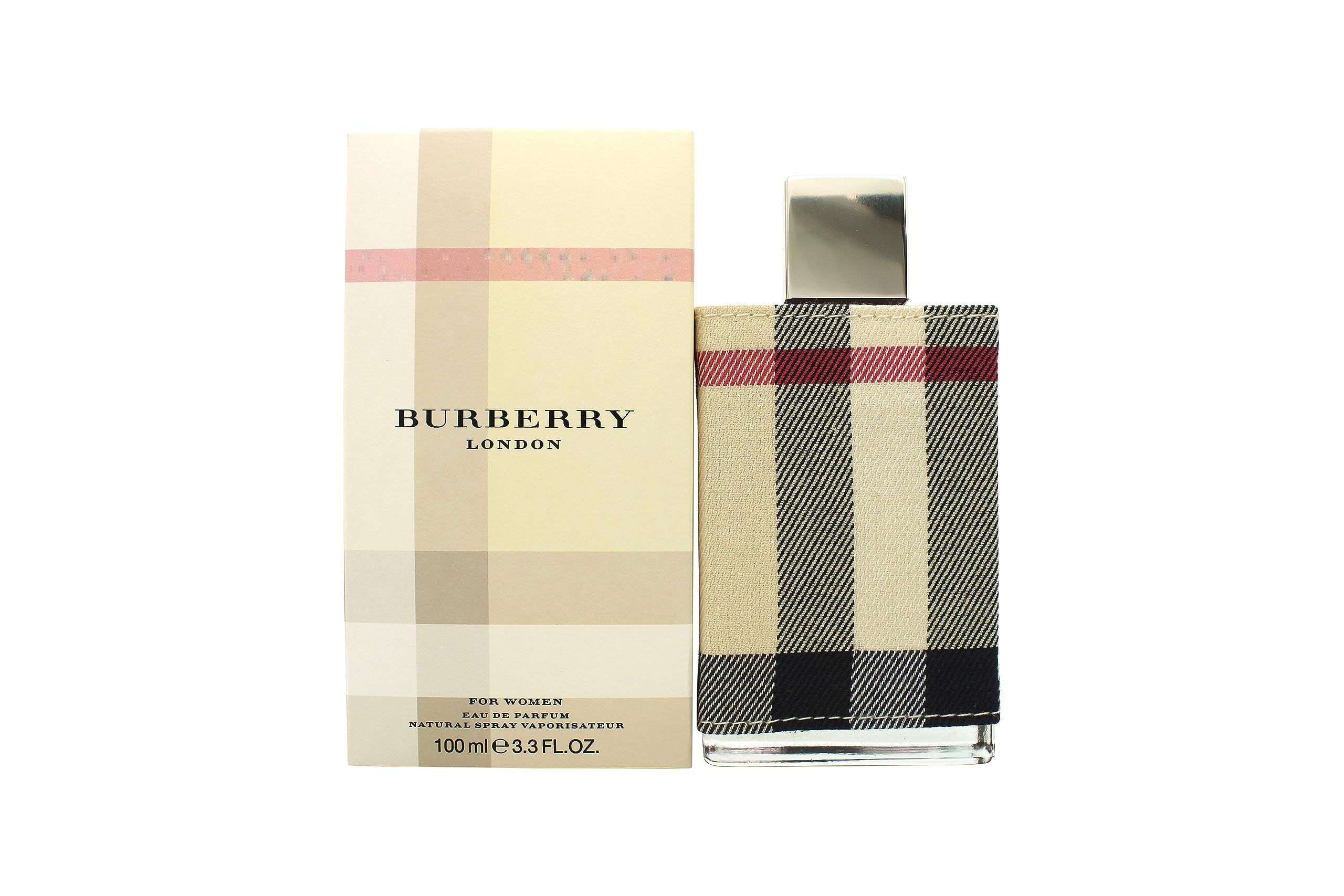 Fles en verpakking met ruitpatroon. Opschrift: Burberry London. Fles met zilveren dop. Verpakking met tekst.