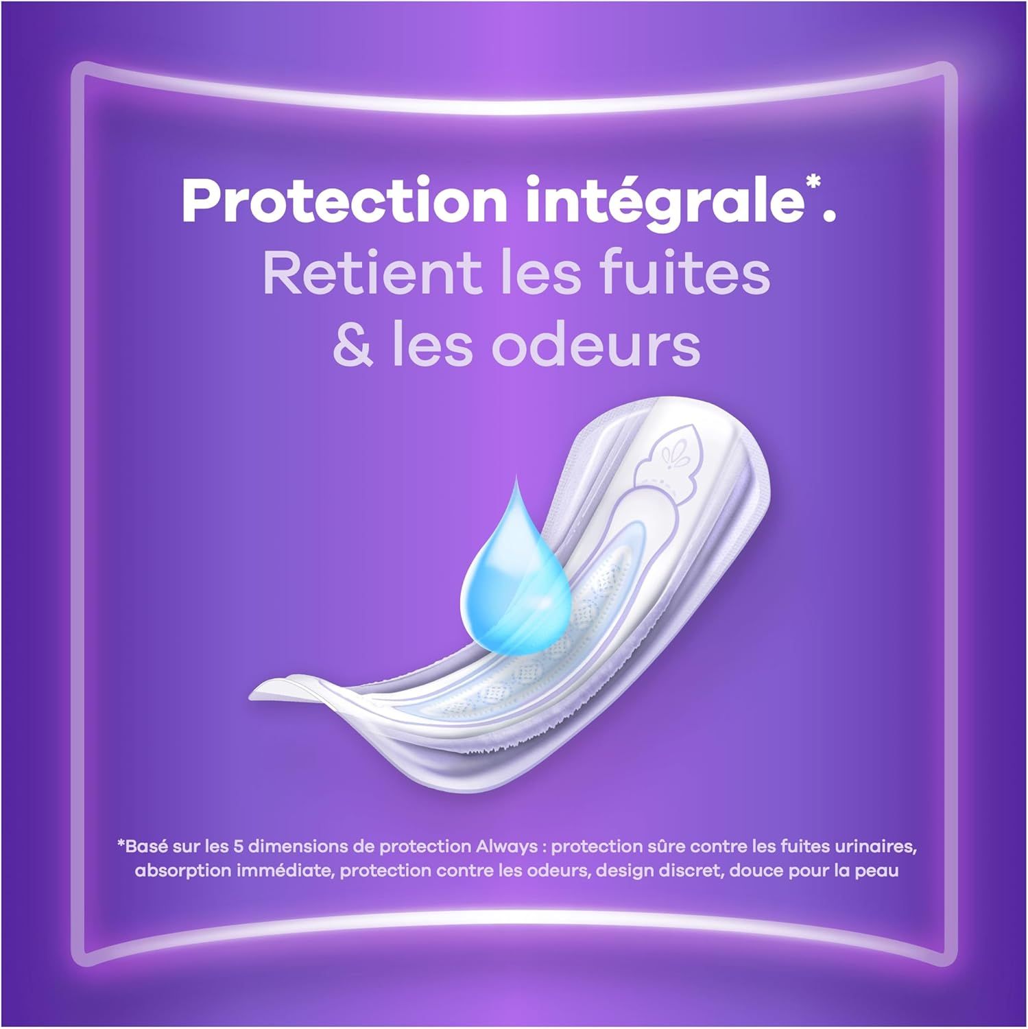 Un produit d'hygiène féminine Always avec une goutte de liquide bleue au-dessus.