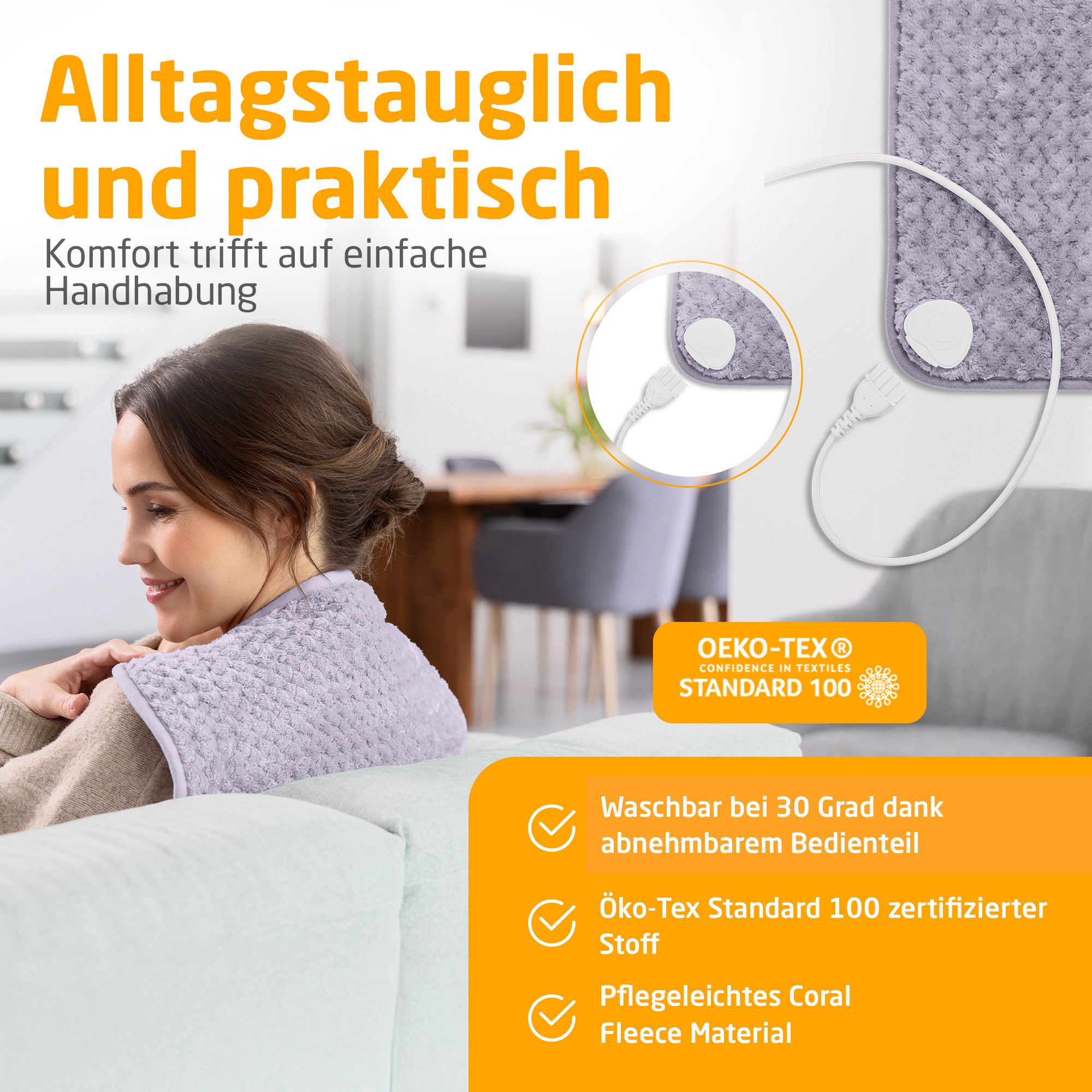 Verwarmingskussen, lichtpaars. Afneembaar bedieningspaneel. Wasbaar op 30°. Oeko-Tex Standard 100 gecertificeerd.