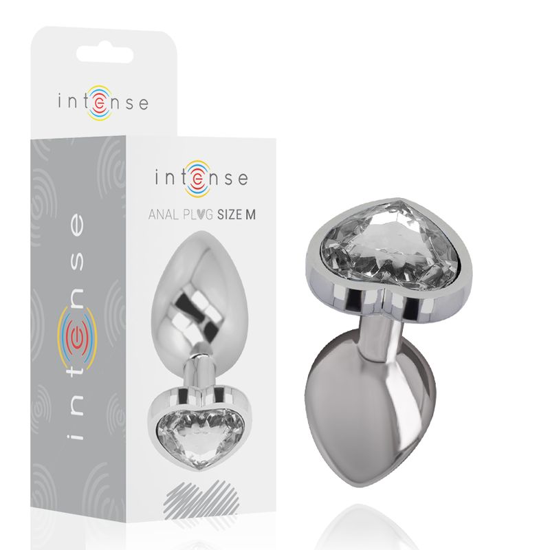 Metalen anale plug met hartvormige kristalapplicatie en brede basis.