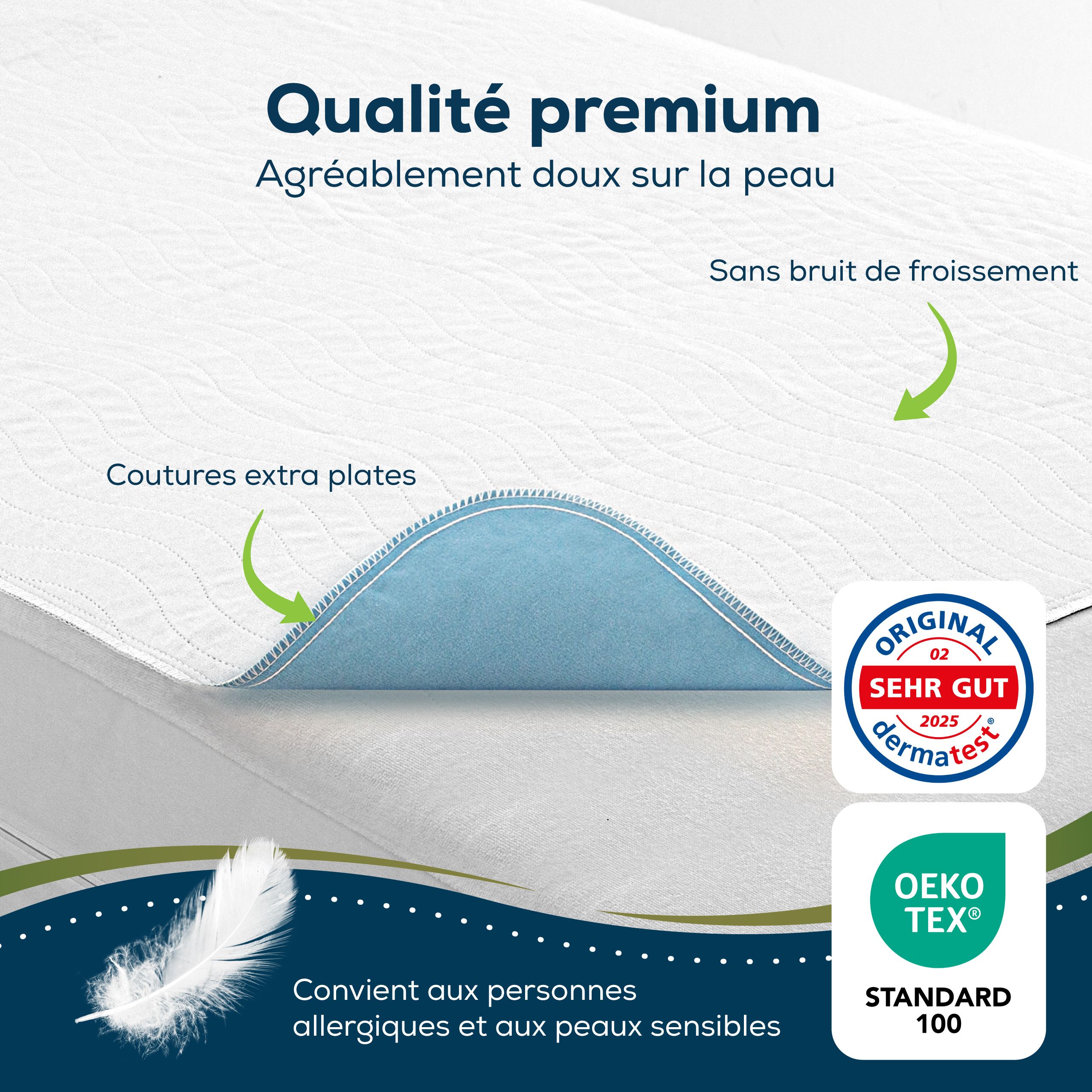 Alèse sur lit. Douce, pas de bruit de froissement. Label Dermatest. Oeko-Tex Standard 100.