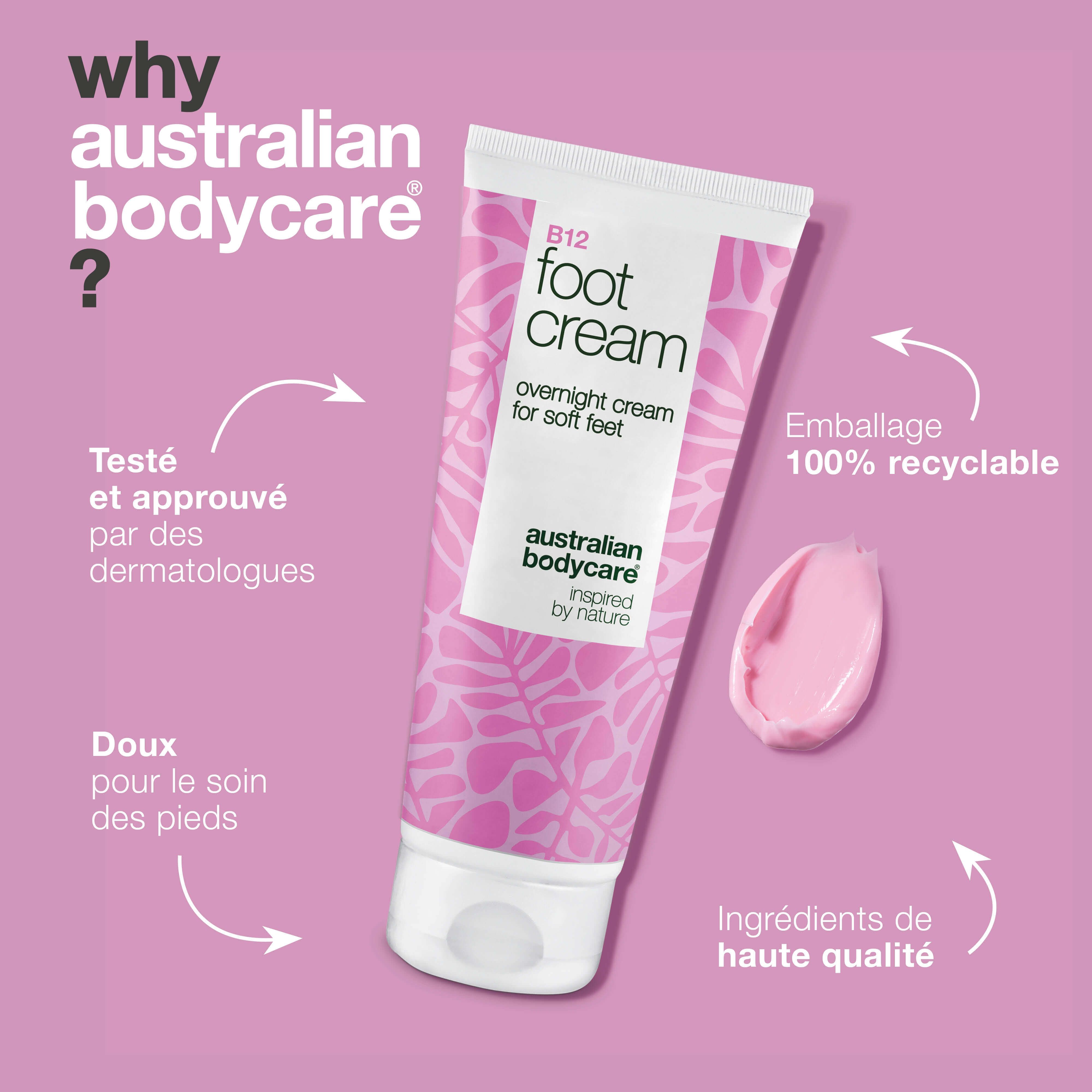 B12 Foot Cream. Tube rose. Texte: crème de nuit pour pieds doux, Australian Bodycare. Goutte de crème rose. Texte: Pourquoi?