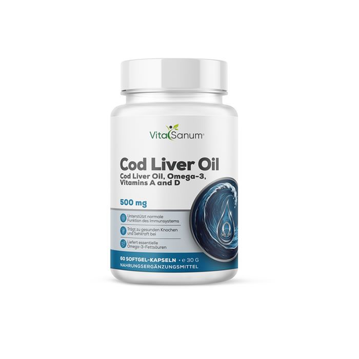 VitaSanum® fles met Cod Liver Oil capsules. Bevat Omega-3, vitamine A en D. 500 mg per capsule. 90 capsules.