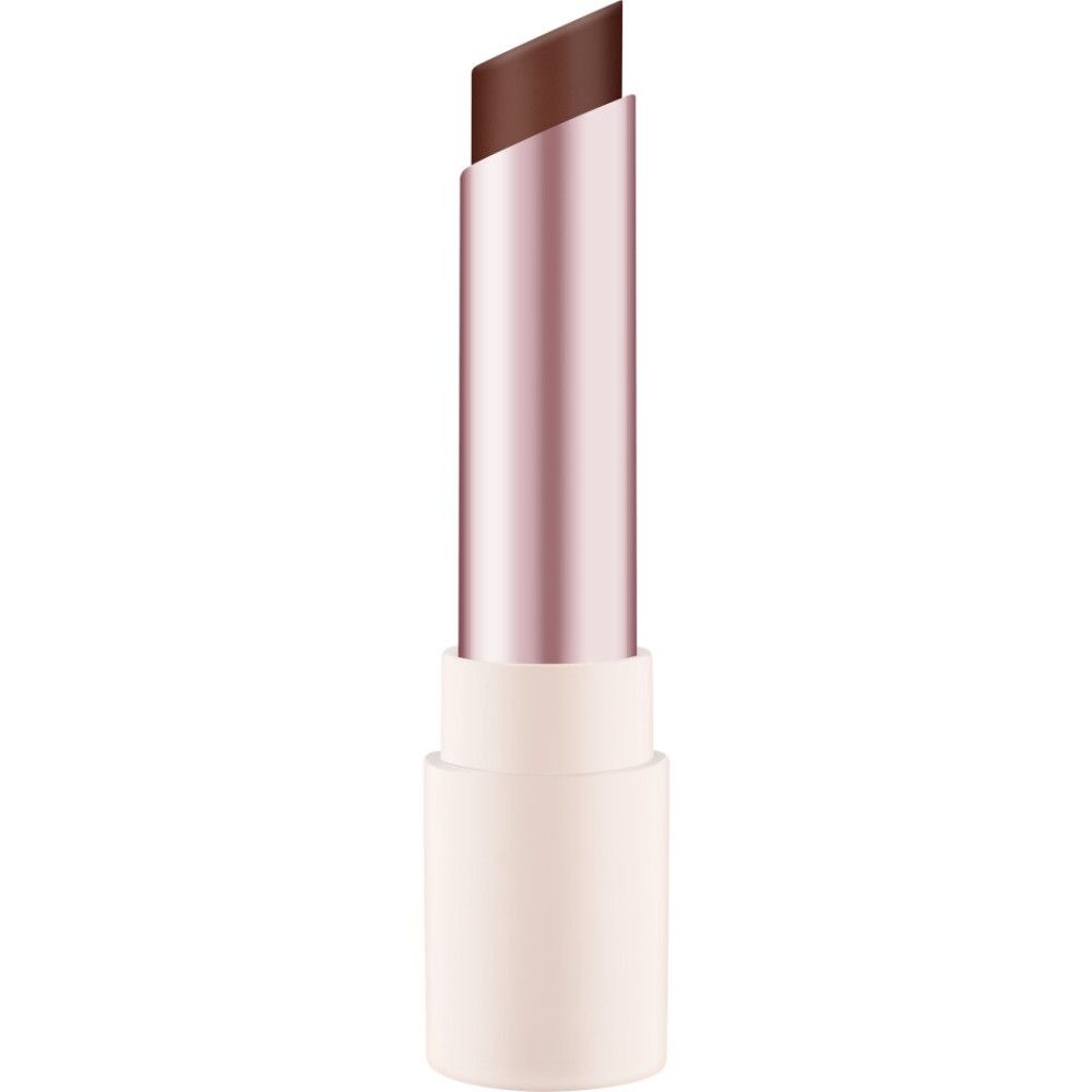 Een lippenstift in een slanke, roségouden en witte huls met een bruine lippenstiftpunt.