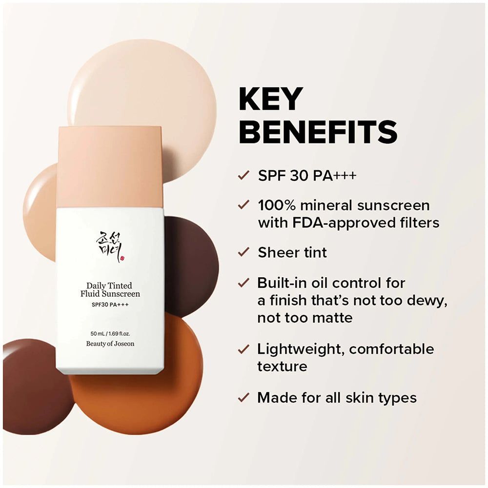 BEAUTY OF JOSEON Daily Tinted Fluid Sunscreen SPF30 PA+++ omgeven door kleurstalen.