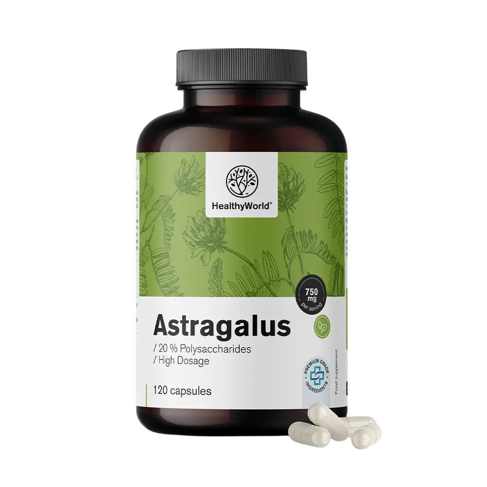Bruine fles met groen etiket. Opschrift: Astragalus, 120 capsules. Enkele capsules ernaast.