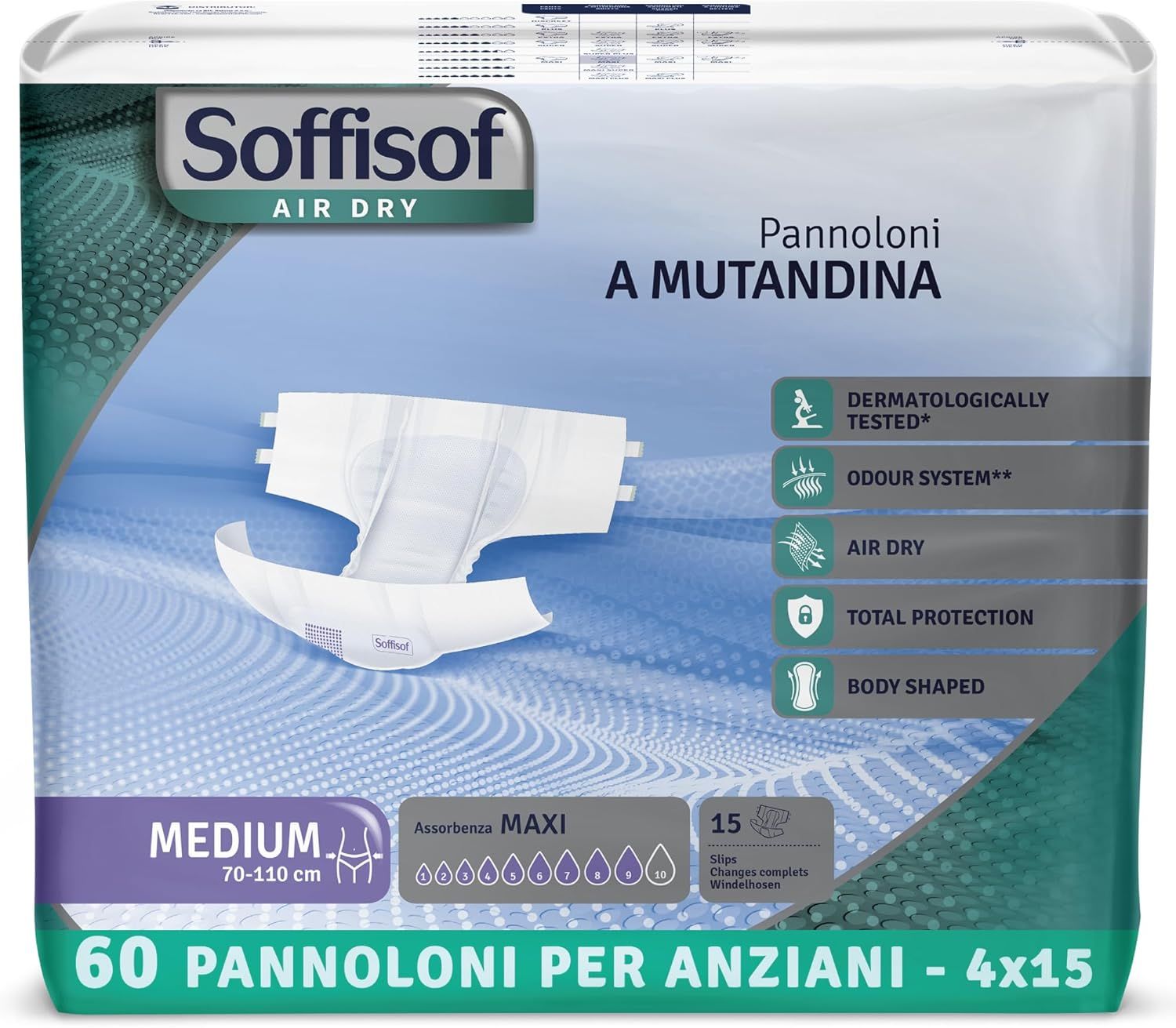 Paquet de couches pour adultes Soffisof Air Dry Maxi. Taille Medium, 70-110 cm. 60 couches. Testé dermatologiquement.