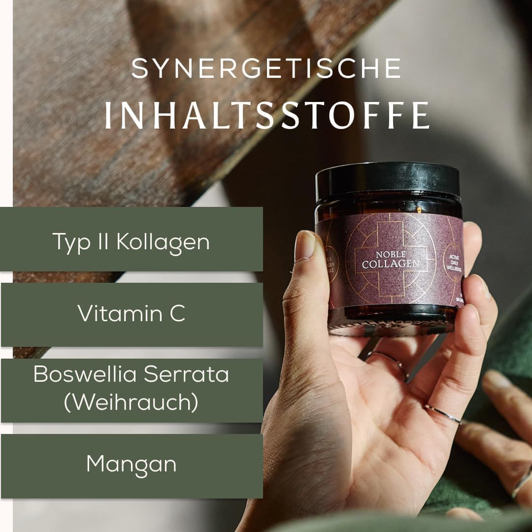 Main tenant une bouteille de Noble Collagen Kapseln. Liste des ingrédients synergiques : Collagène Type II, Vitamine C, Boswellia Serrata, Manganèse.