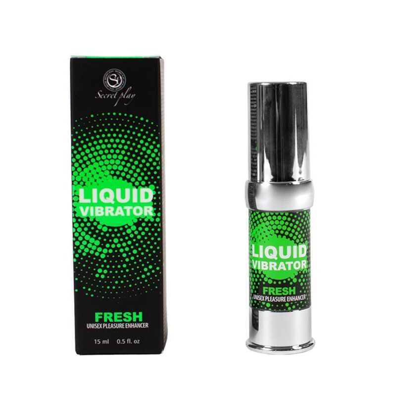 Produit et emballage. Inscription : LIQUID VIBRATOR FRESH. Emballage noir avec design vert et produit à côté.