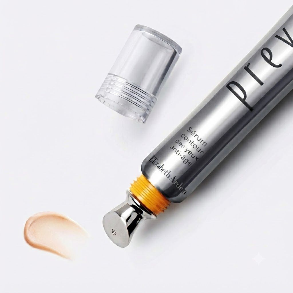 Sérum contour des yeux anti-âge Elizabeth Arden Prevage dans un tube argenté avec applicateur. Une touche de sérum à côté.