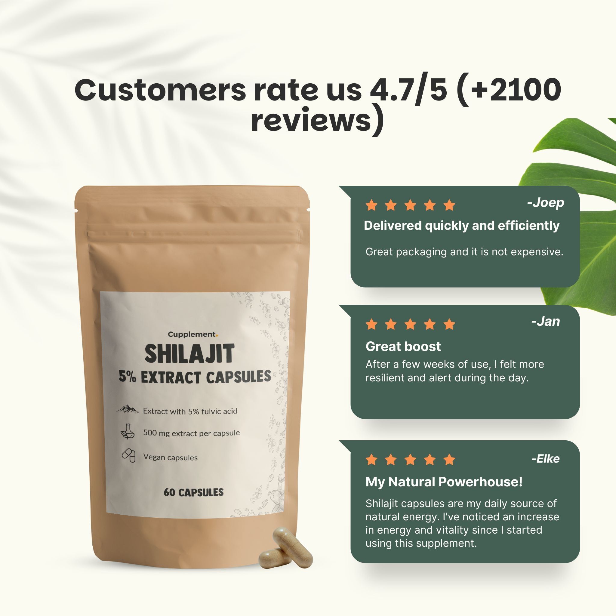 Texte : Les clients nous évaluent 4.7/5. Avis et sachet de produit imprimé. 60 gélules. Trois avis clients.