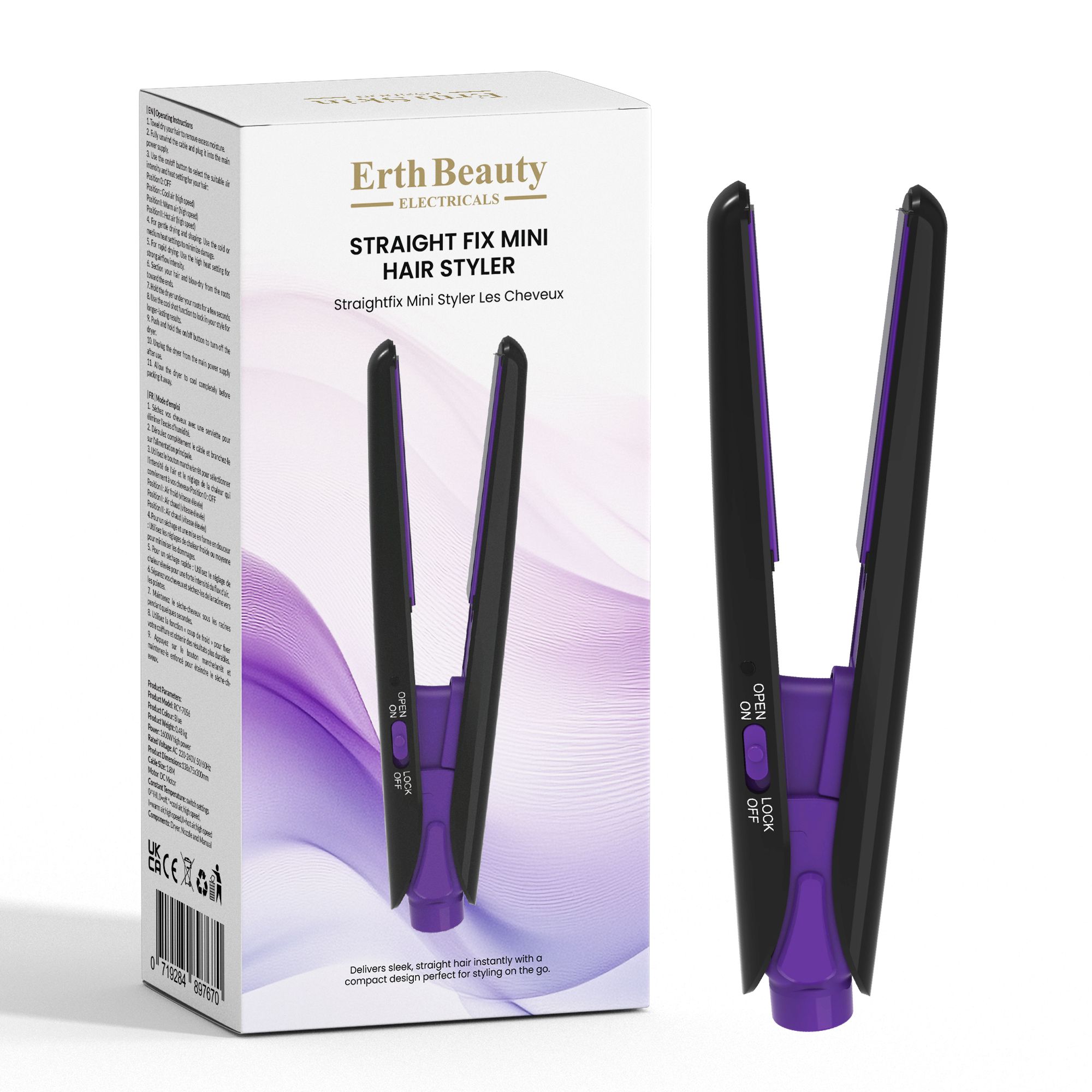 Haarstyler en verpakking. Zwart-paarse mini haarstyler. Tekst: Straight Fix Mini Hair Styler. Merk: Erth Beauty Electricals.