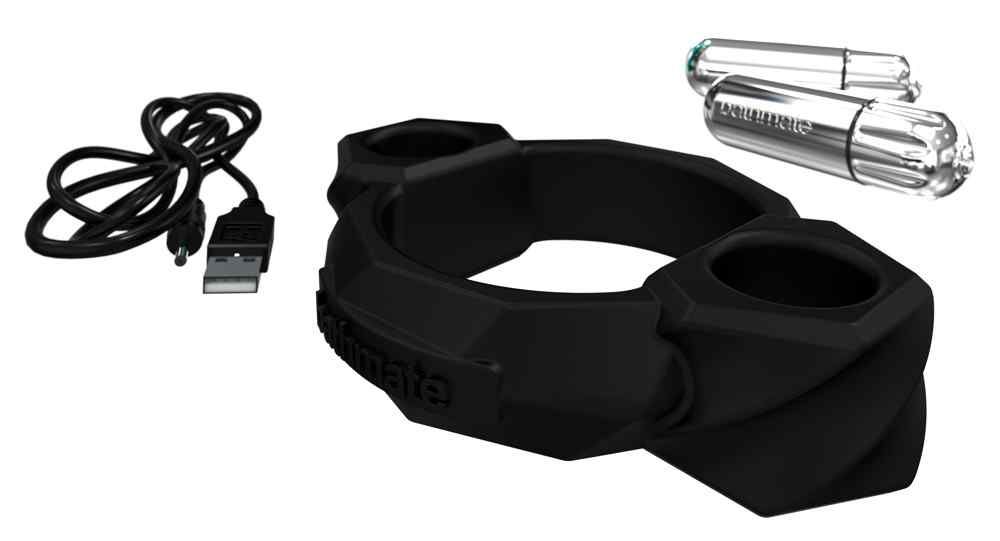 Zwart apparaat, twee zilveren opzetstukken en USB-kabel. Tekst "bathmate" zichtbaar.