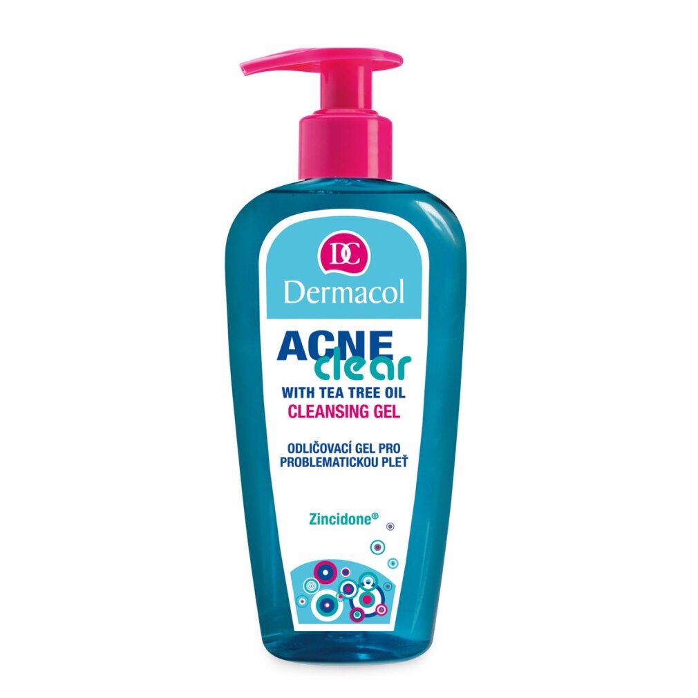 Blauwe, transparante fles met roze pomp. Etiket met logo en tekst 'ACNE clear'. Bevat tea tree olie. 'Reinigingsgel'.
