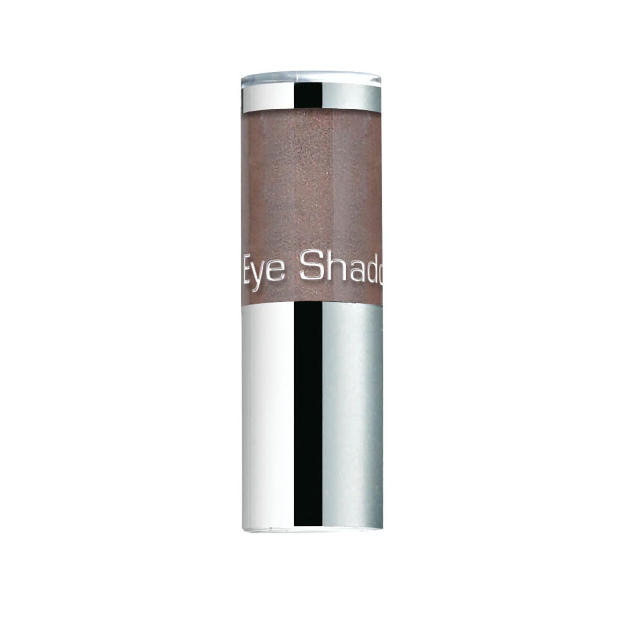Cilindrische houder met zilverkleurige dop en bodem. Bovenste deel transparant met bruine oogschaduw. Opschrift 'Eye Shadow'.