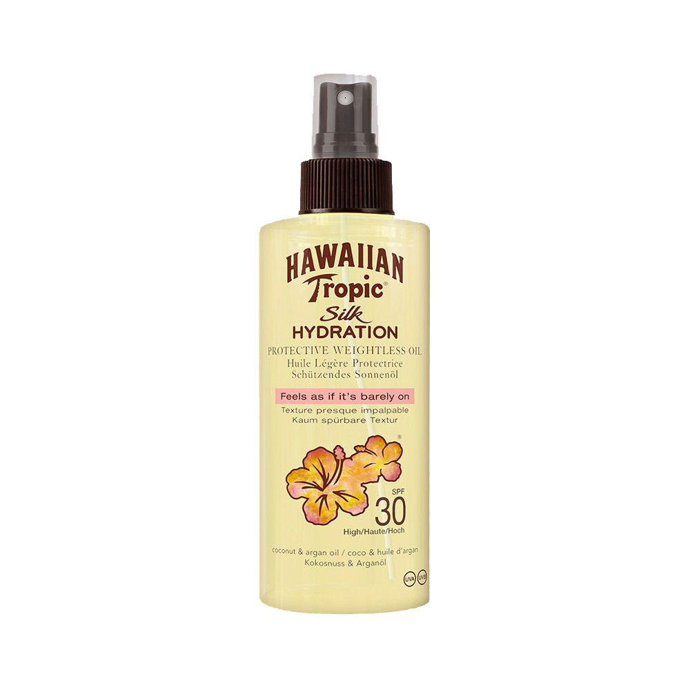 Spray d'huile protectrice SPF 30. Flacon jaune avec vaporisateur marron. Inscription: Hawaiian Tropic Silk Hydration.