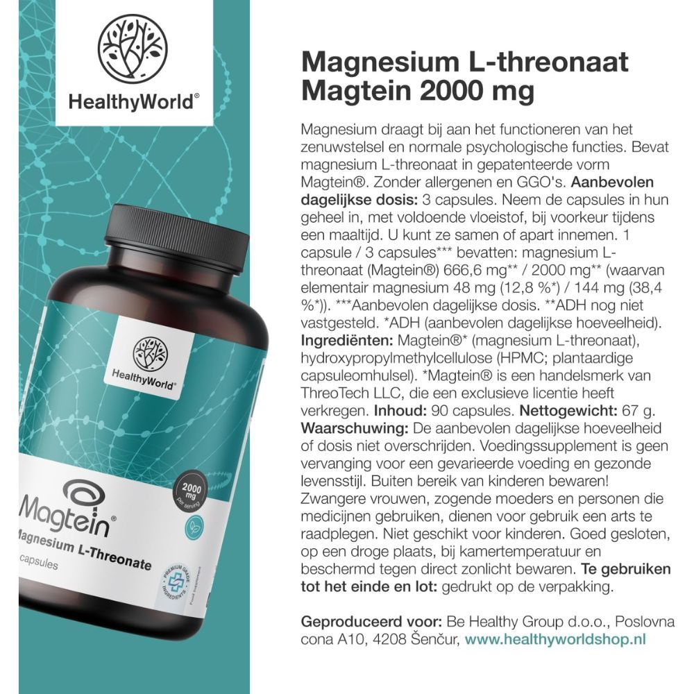 Tekst met fles en capsules. Tekst: Magnesium L-threonaat Magtein 2000 mg. 90 capsules. Ingrediënten en dosering.