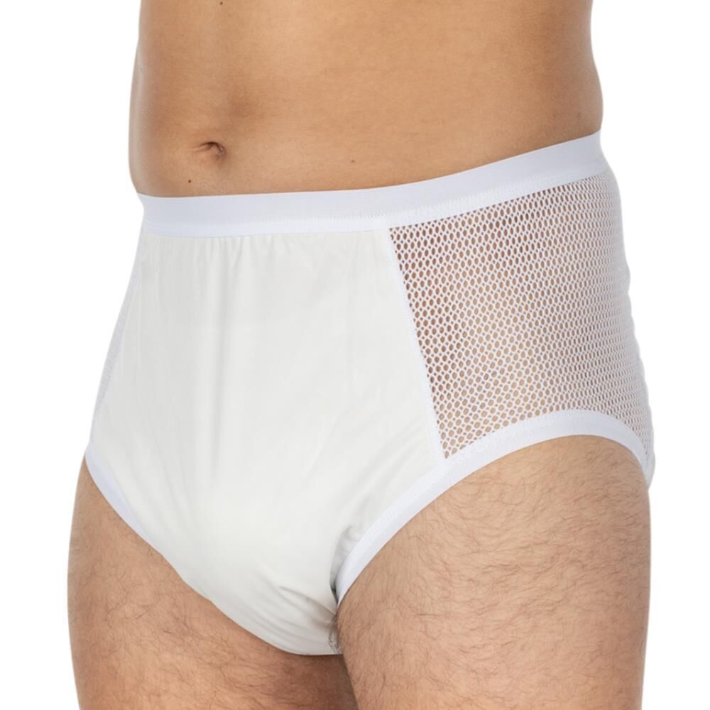 Vue latérale d'un slip d'incontinence blanc. Insert en mesh. Matériau PU. Taille haute. Porté.