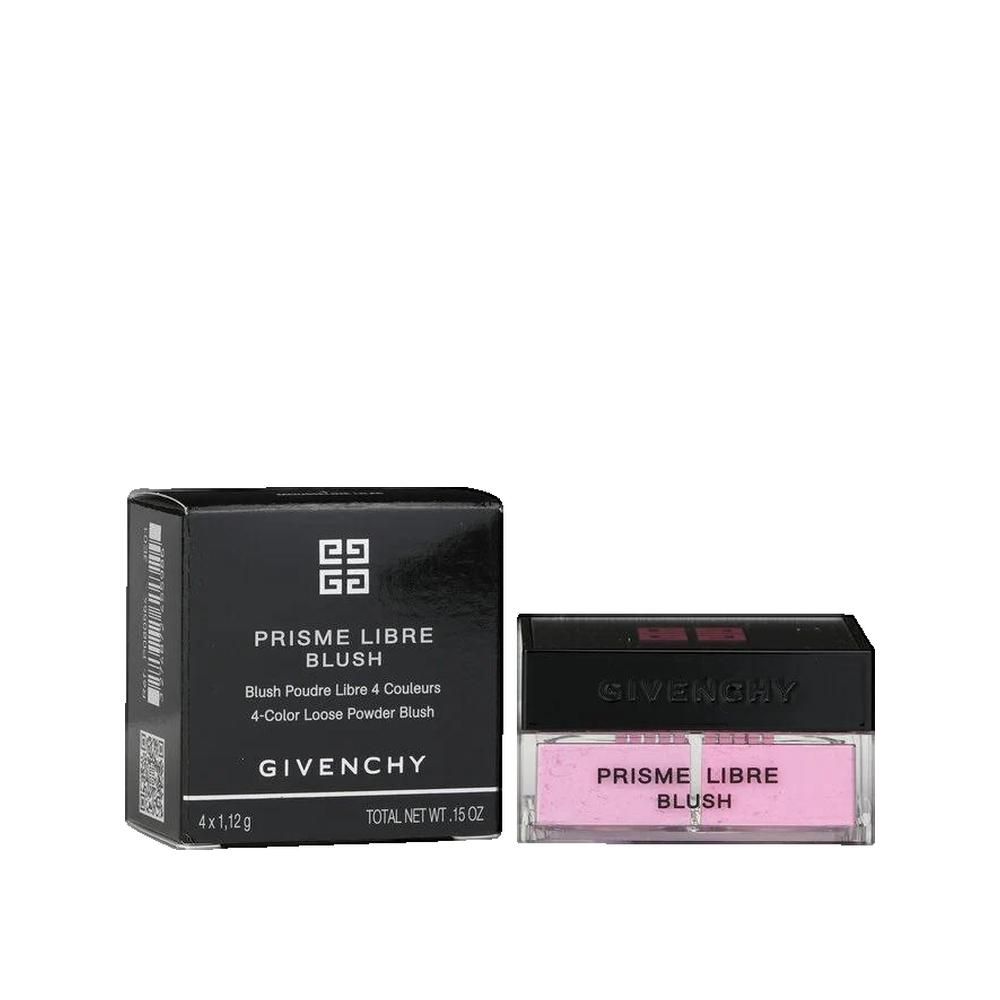 Givenchy Prisme Libre Blush. Boîte et contenant noirs, poudre rose. Nom du produit et logo visibles.