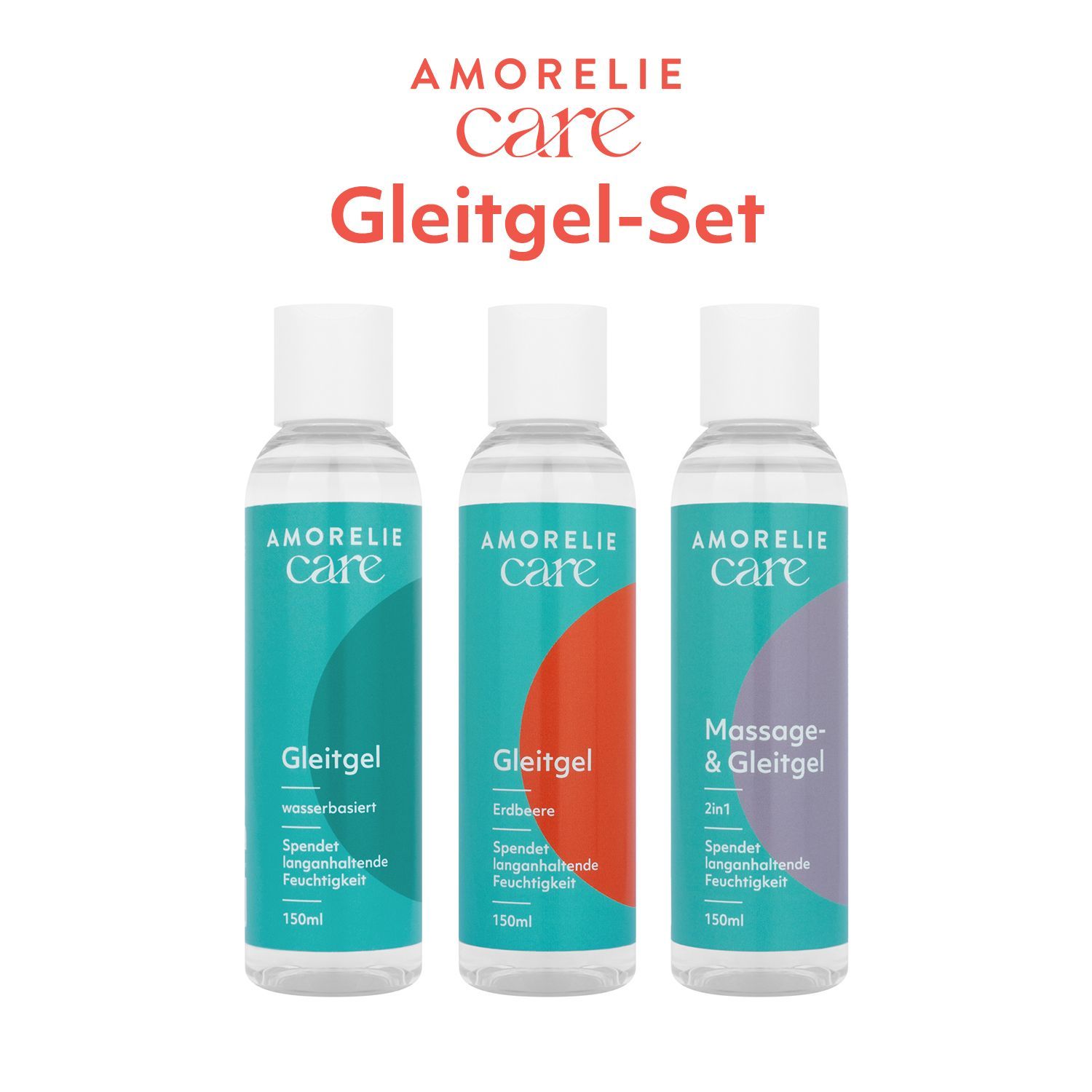 Drie flessen glijmiddel. AMORELIE Care. Verschillende soorten met opschrift.