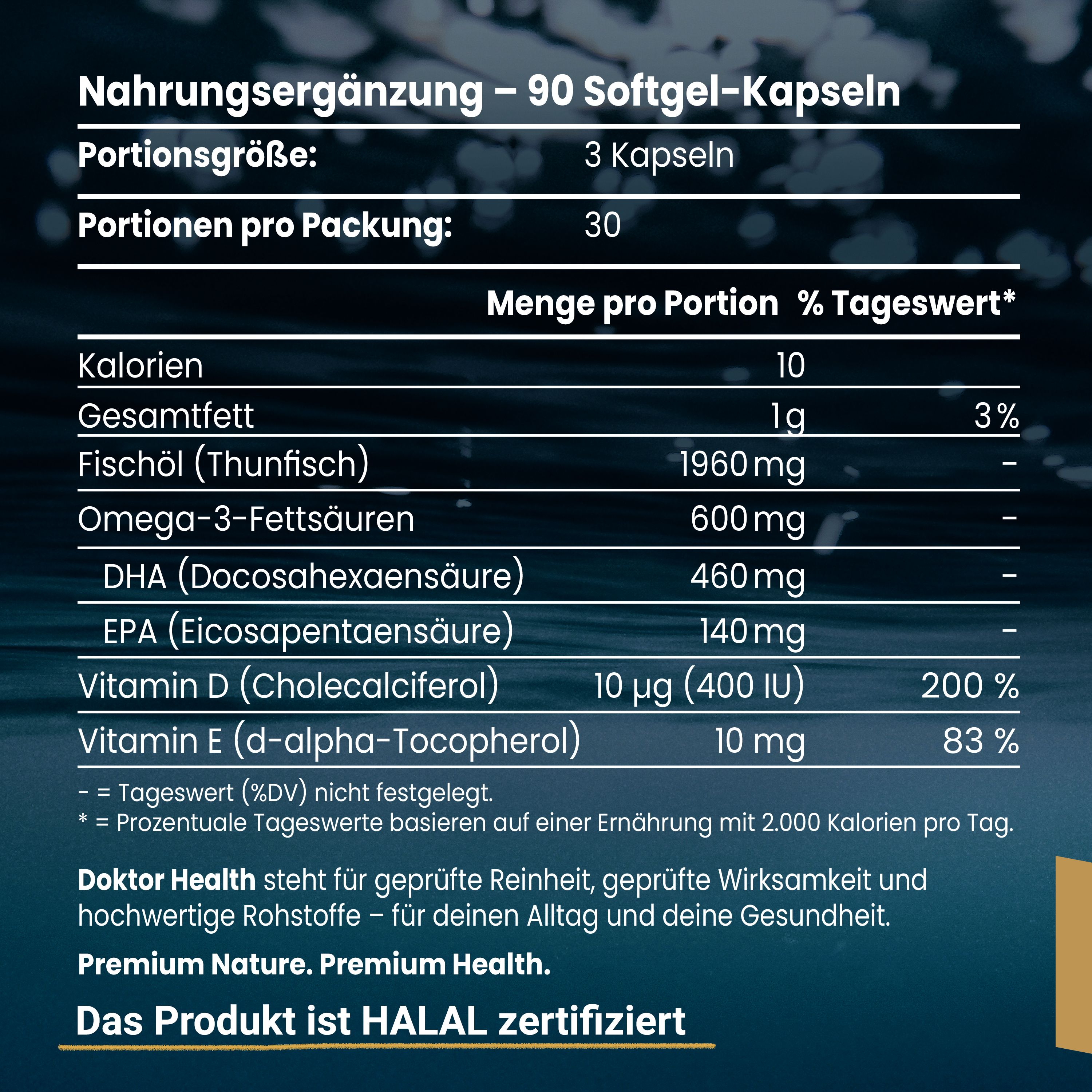 Voedingssupplement. 90 softgelcapsules. Voedingswaarde per portie: calorieën, vet, visolie, omega-3, DHA, EPA, vitamines. Halal gecertificeerd.