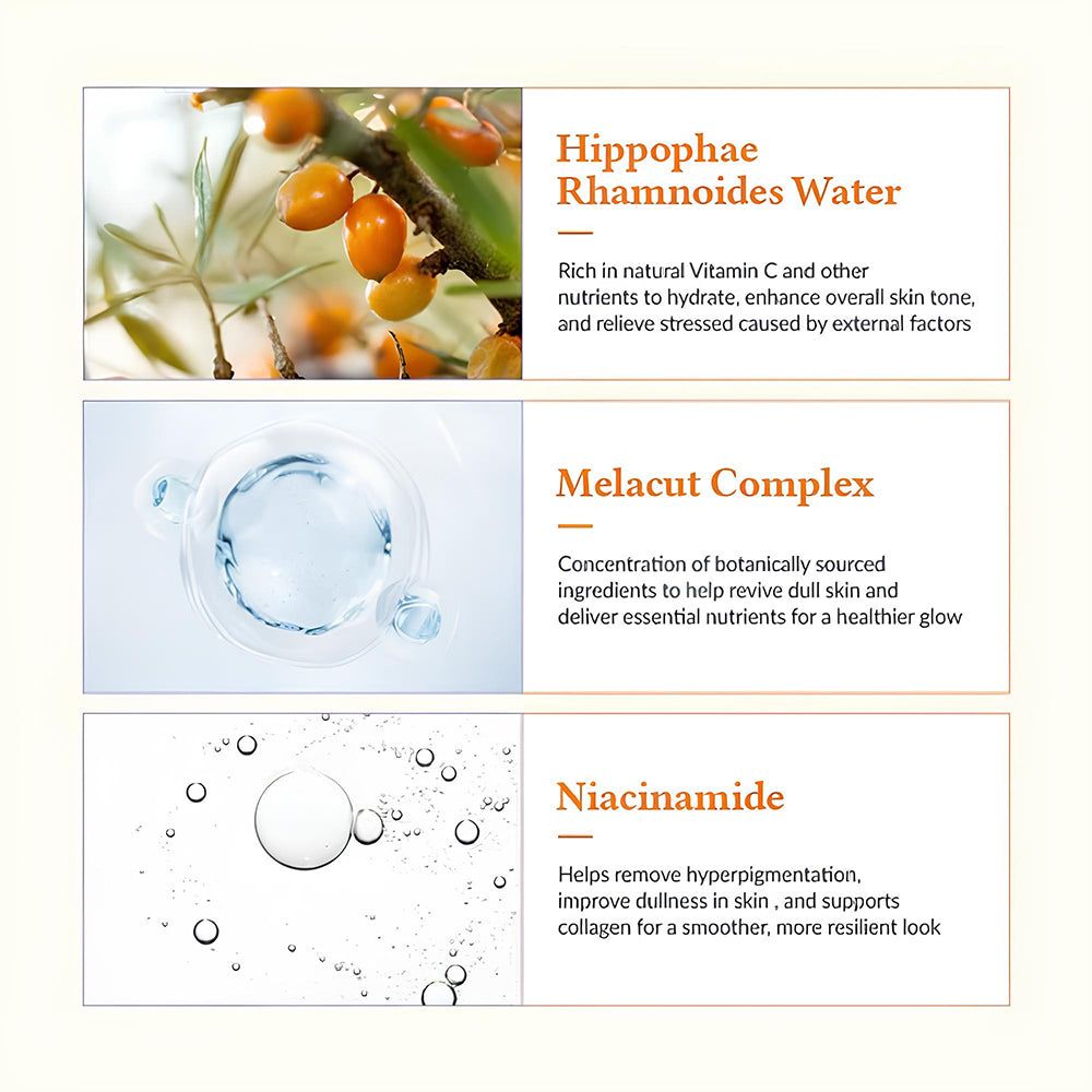 Drie tekstblokken met ingrediënten: Duindoornwater, Melacut Complex en Niacinamide. Beschrijvingen van ingrediënten.