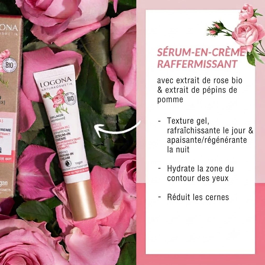 Tube et boîte de crème contour des yeux LOGONA avec illustration de rose.