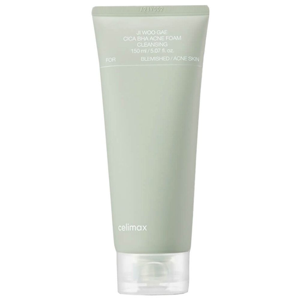 Celimax Ji Woo Gae Cica BHA acne reinigingsschuim in een lichtgroene tube met witte belettering.