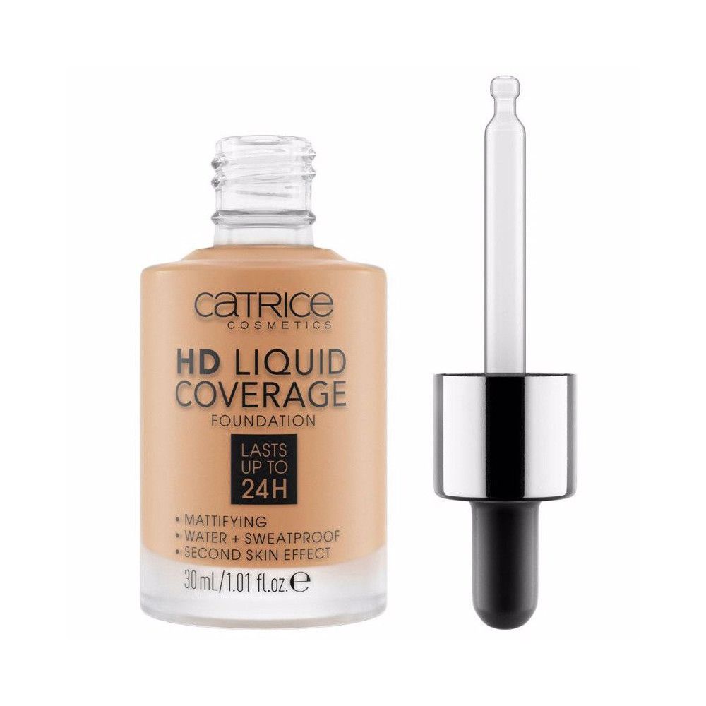 Fond de teint liquide HD, flacon en verre avec pipette. Inscription: Catrice, HD Liquid Coverage Foundation, matifiant, résistant à l'eau, 30ml.