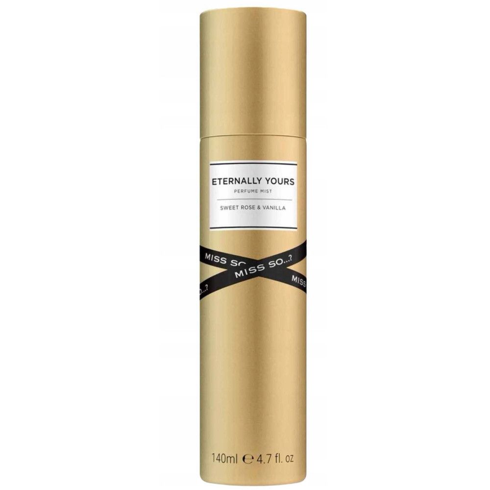 Flacon cylindrique doré avec ruban noir. Inscription: Eternally Yours, Sweet Rose & Vanilla, Miss So...?.