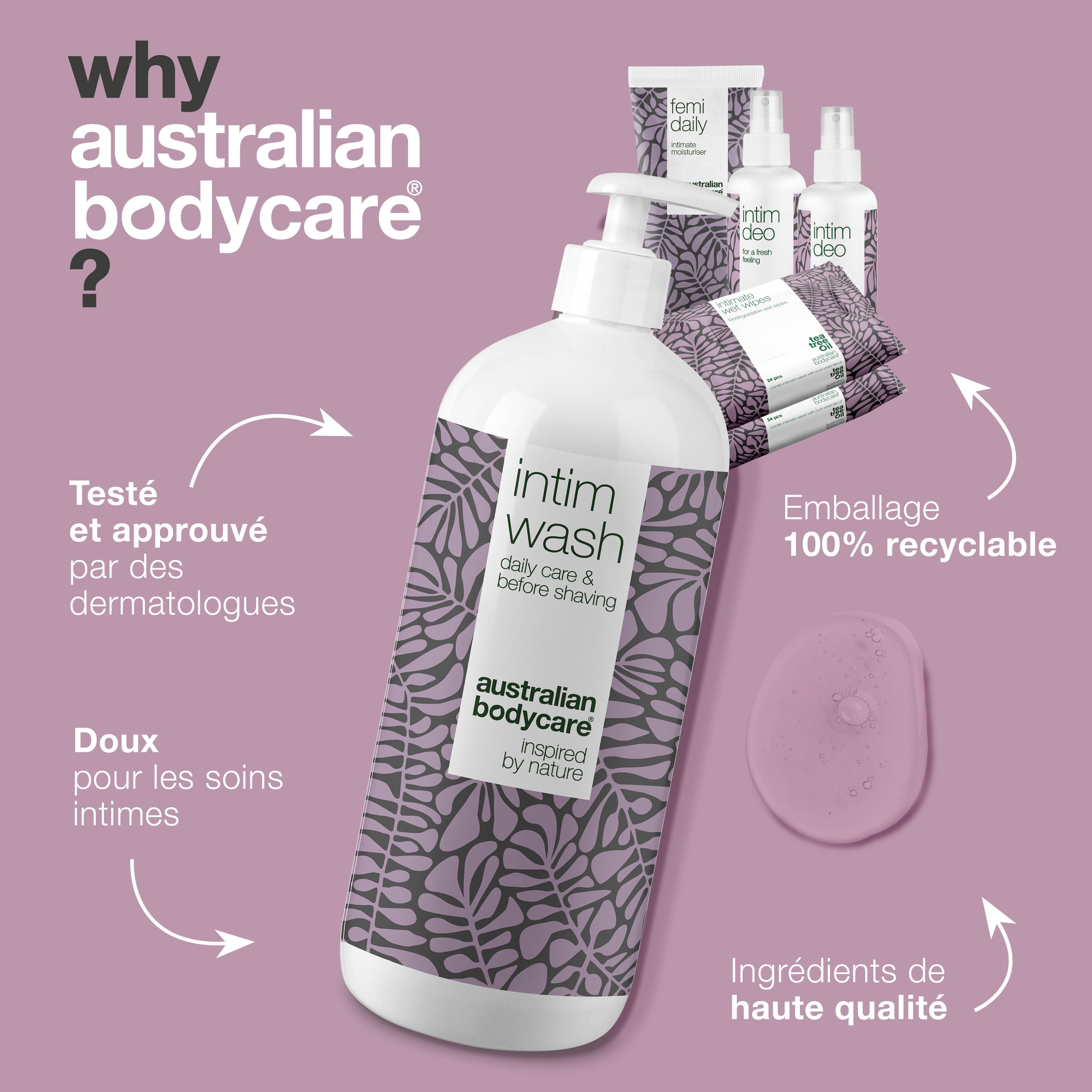 Ensemble de produits d'hygiène intime. Texte : 'Australian Bodycare' et avantages pour l'hygiène intime.