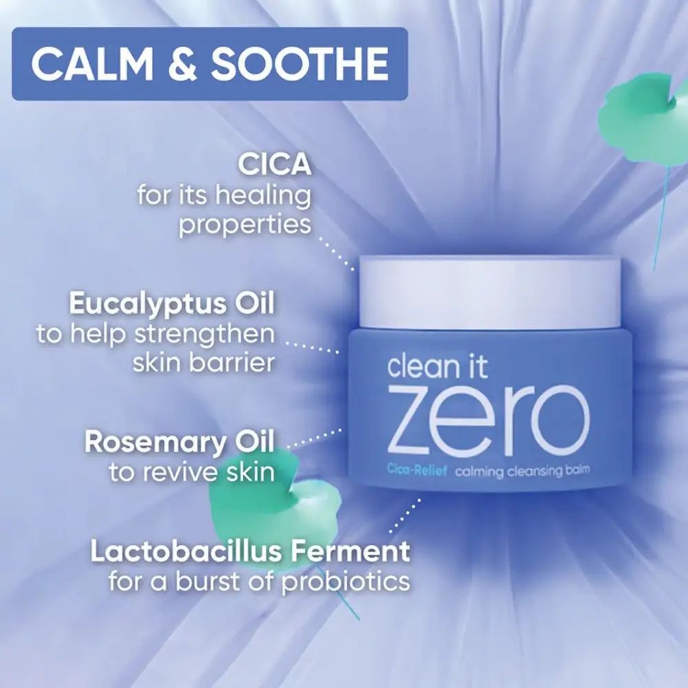 Pot bleu avec couvercle blanc. Inscription : clean it zero. Ingrédients : CICA, huile d'eucalyptus, huile de romarin, ferment de lactobacilles.