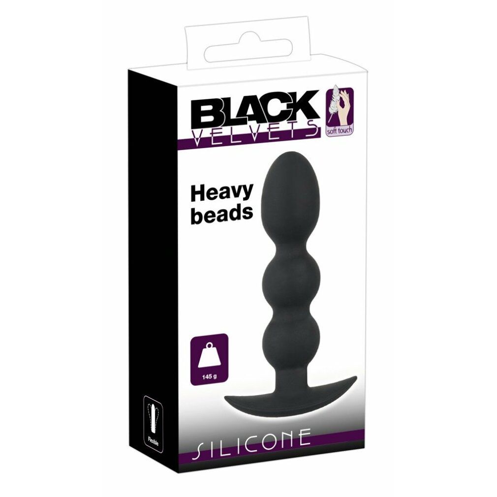 Verpakking van een zwarte anale plug met drie bollen, "Heavy beads" en "Silicone".