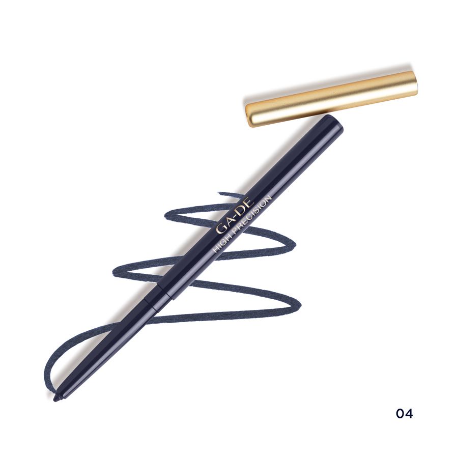 Eyeliner bleu foncé avec capuchon doré et trait. Inscription: GA-DE HIGH PRECISION.
