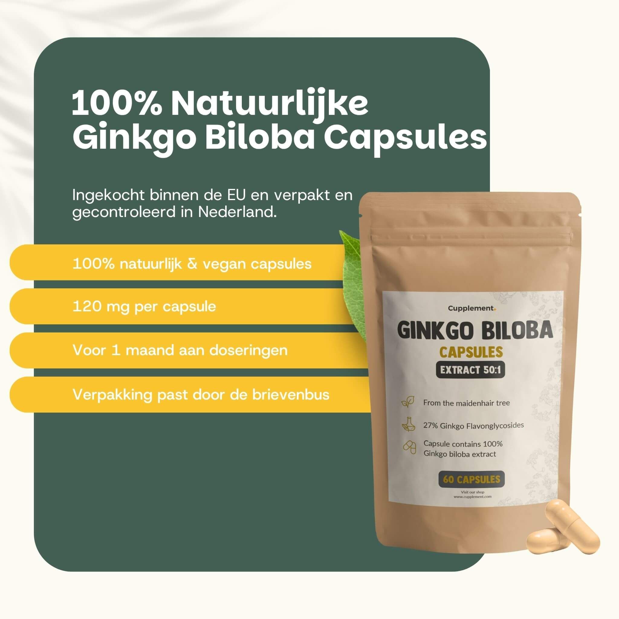 Zakje met Ginkgo Biloba capsules. Tekst: geheugenondersteuning, concentratie, normale bloedcirculatie, etc.