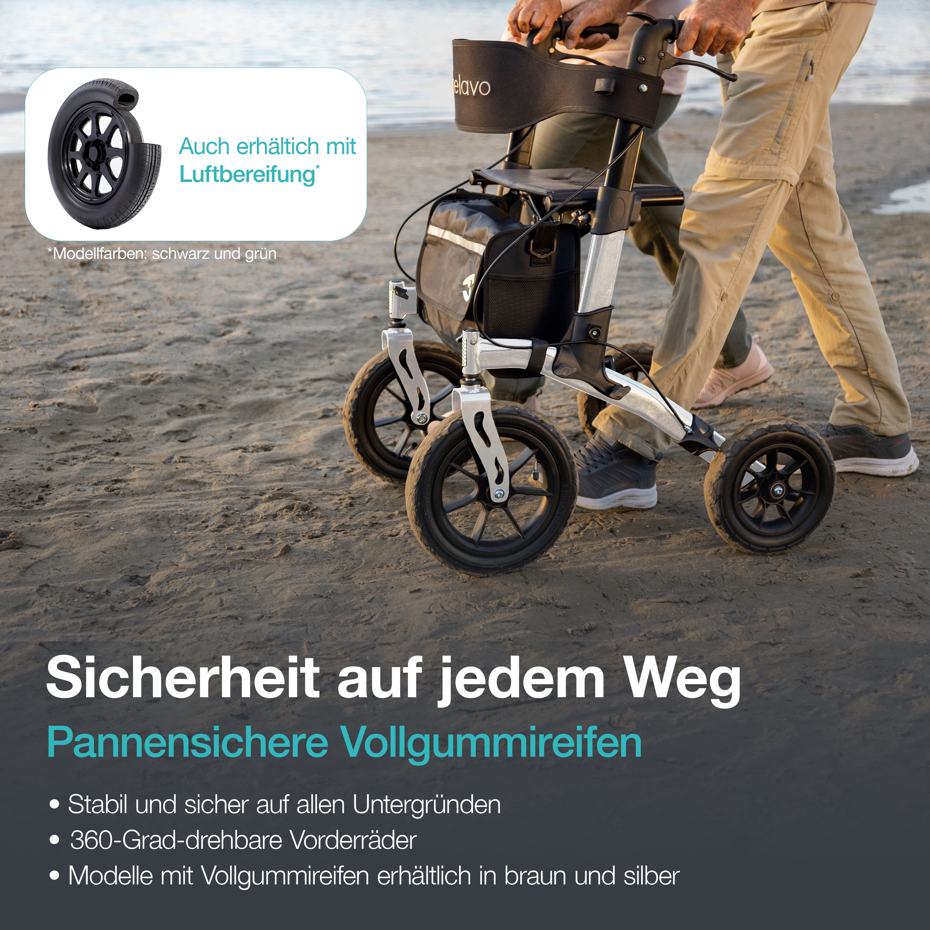 Rollator Helavo avec pneus increvables sur la plage. Roues avant pivotant à 360 degrés.