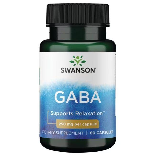Flacon vert avec étiquette blanche. Inscription: SWANSON GABA, 250 mg par capsule, 60 capsules. Fond bleu.
