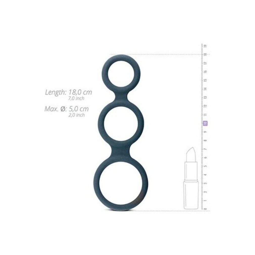 Anneau pénien gris foncé à trois cercles. Longueur: 18,0 cm, diamètre: 5,0 cm. Échelle.