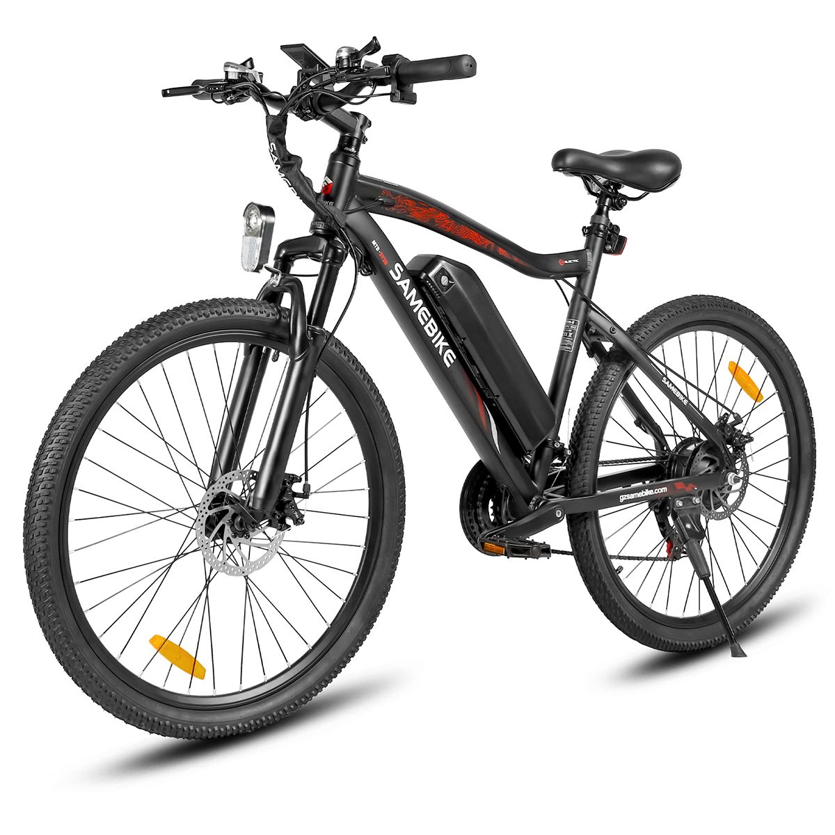 Zwarte SAMEBIKE e-bike met rode accenten. Shimano 21 versnellingen. Vooraanzicht.