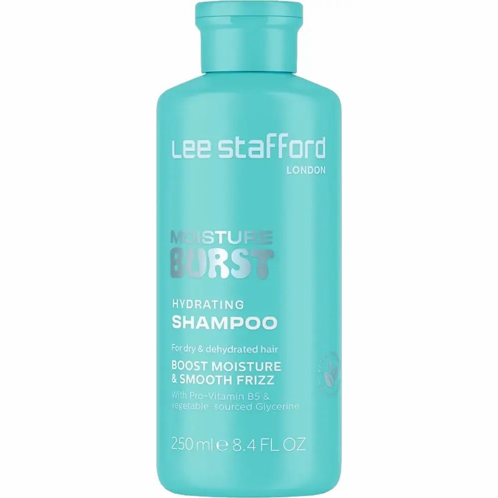 Turquoise shampoo fles met witte tekst. Opschrift: Moisture Burst Hydrating Shampoo. Merk: Lee Stafford.