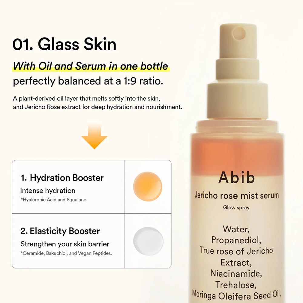 Bouteille Abib Jericho Rose Mist Serum à côté d'infographies sur l'hydratation et l'élasticité.