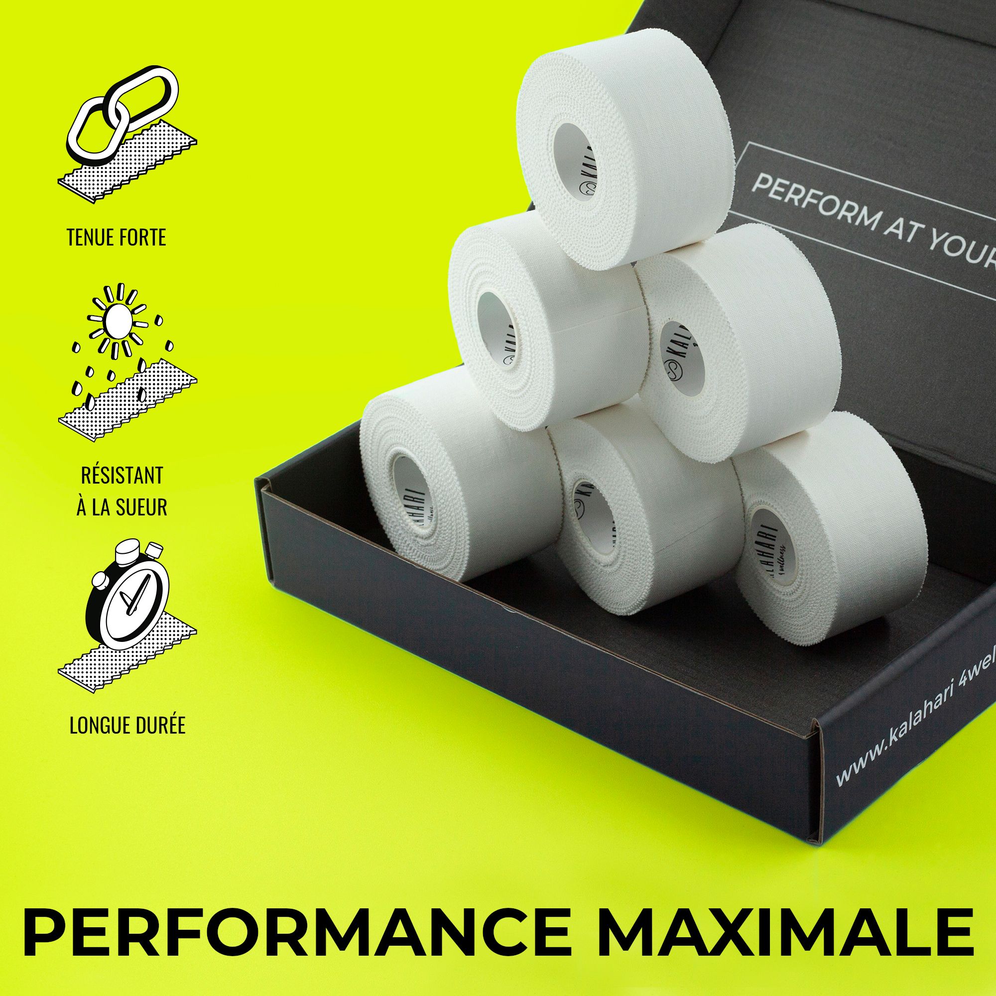 Six rouleaux de ruban de sport blanc dans une boîte noire ouverte, avec icônes de résistance et durabilité.
