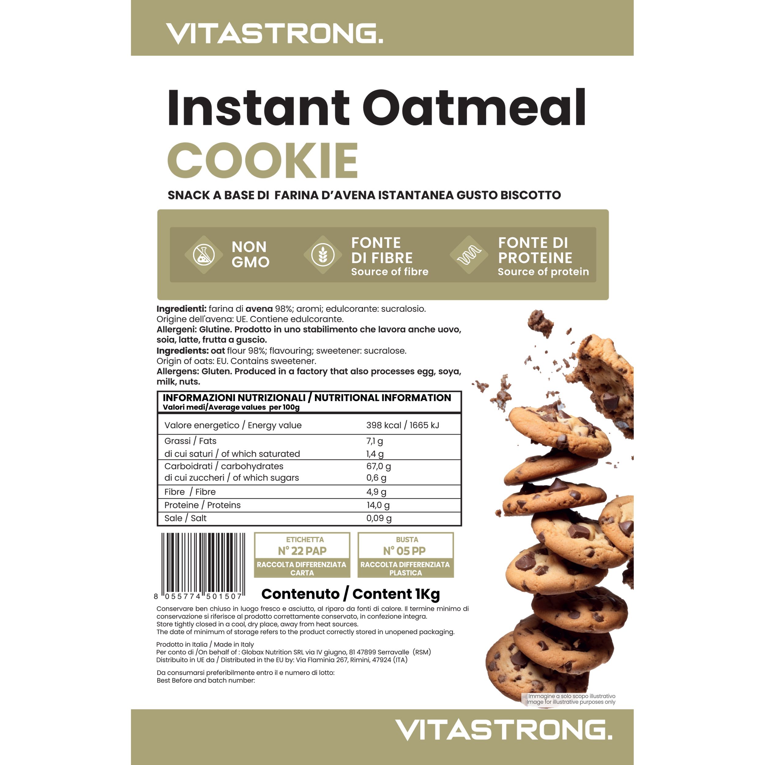 Vitastrong Instant Oatmeal Cookie. Opschriften: Non GMO, bron van vezels, bron van eiwitten. Voedingswaardetabel en koekjes.